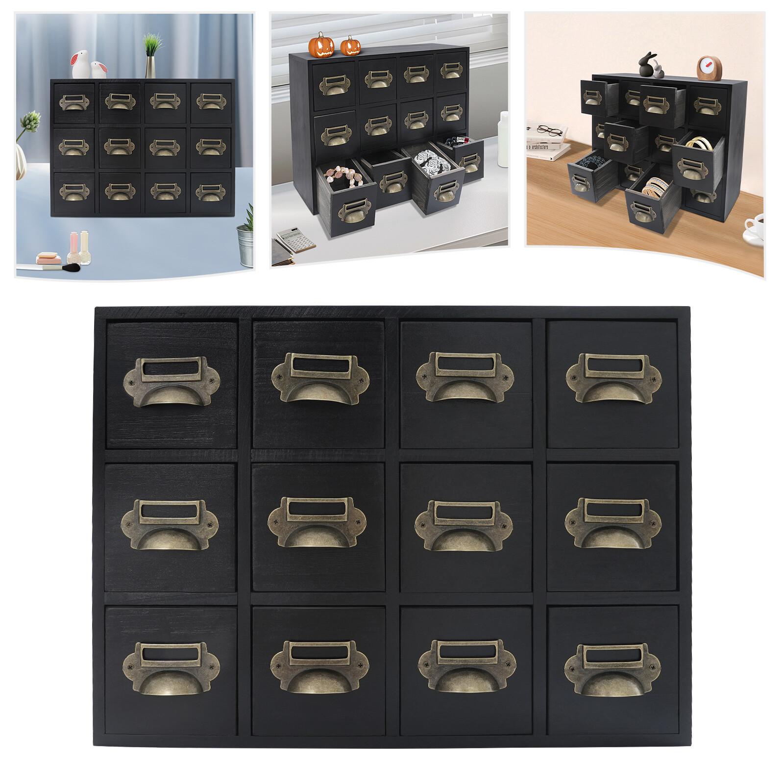 12 Drawers Wooden Desktop Organizer Home Storage Case Cosmetic Dresser Box Black