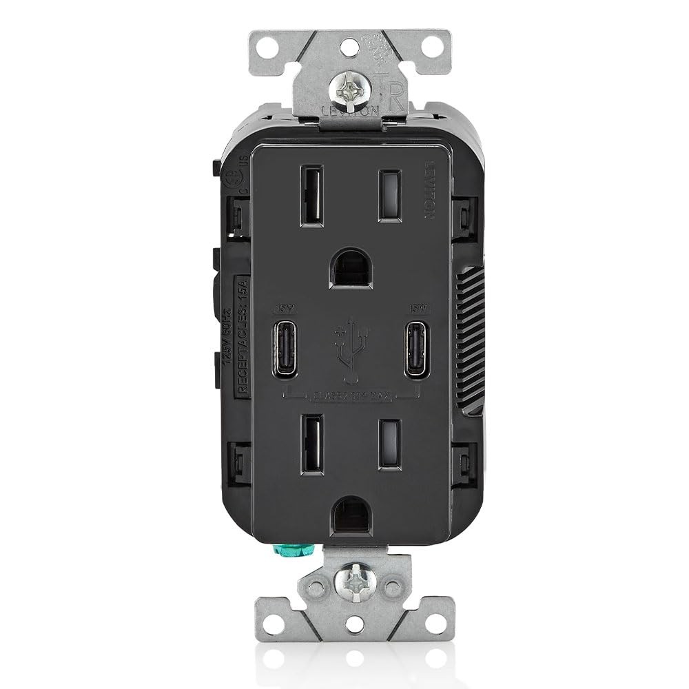 Leviton T5637-E 30W (6A) USB Dual Type-C/C in-Wall Charger with 15A Tamper-Re...