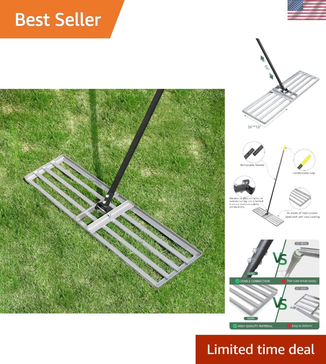 Stainless Steel Lawn Leveling Rake with 36-Inch Head & Detachable 69-Inch Handle