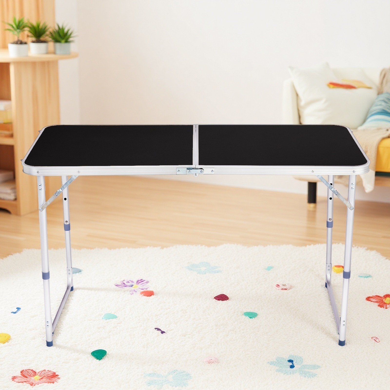 Folding Camping Table 4ft - Adjustable Patio Aluminum Frame Outdoor Picnic Black