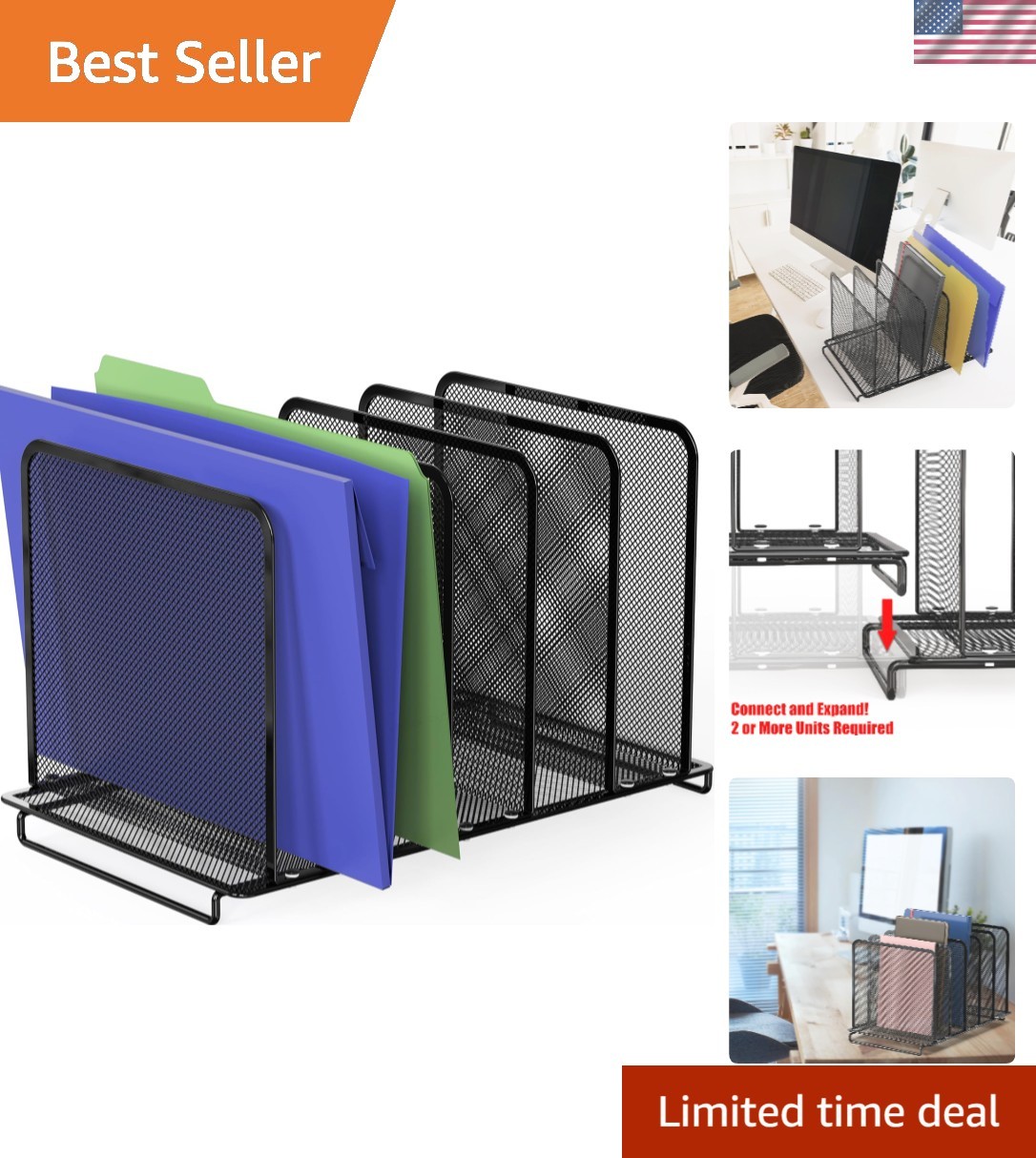 Expandable 5 Section Upright File Sorter Organizer, Black