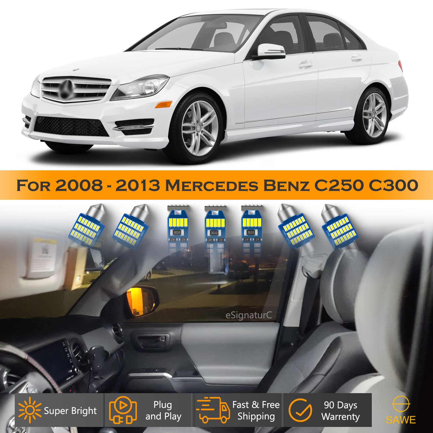 18 x Ultra White LED Lights Interior Package For 2008 - 2013 Mercedes C250 C300