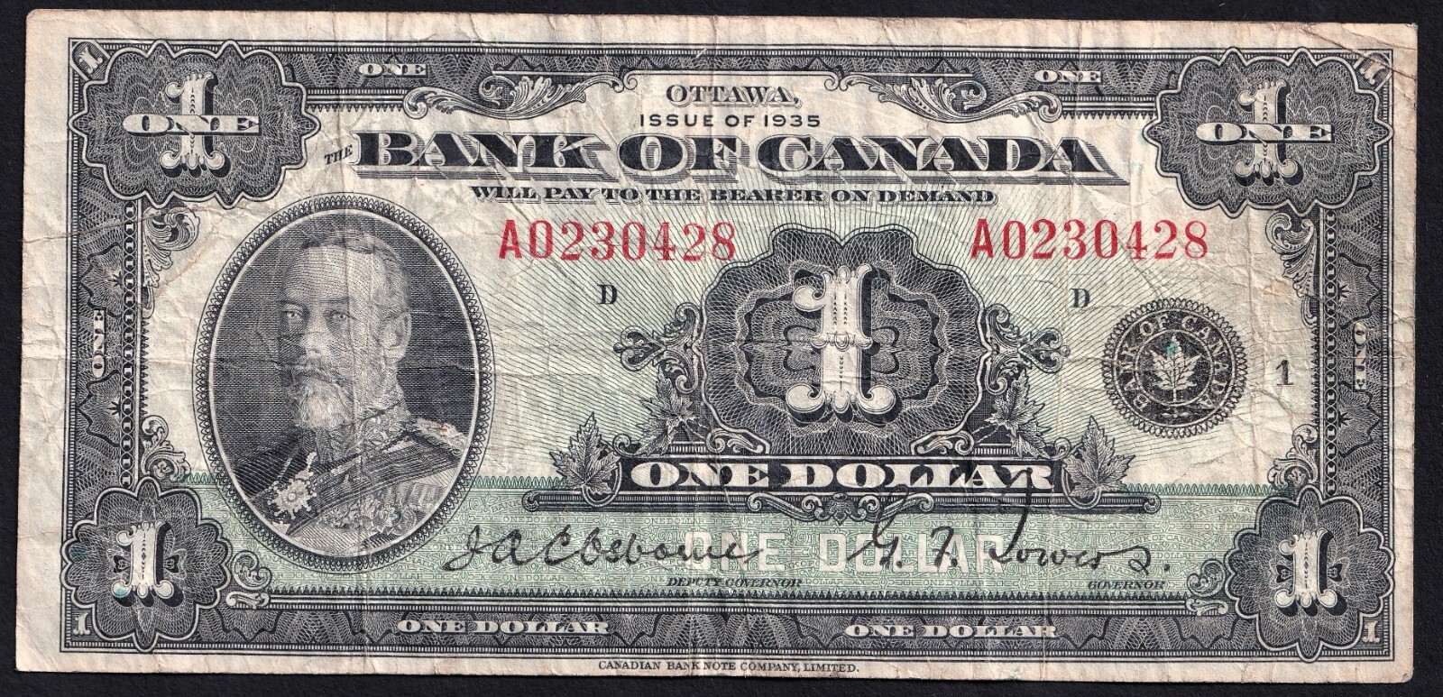 Canada 1935 $1 One Dollar Osborne Towers - A 0230428 First Banknote Series