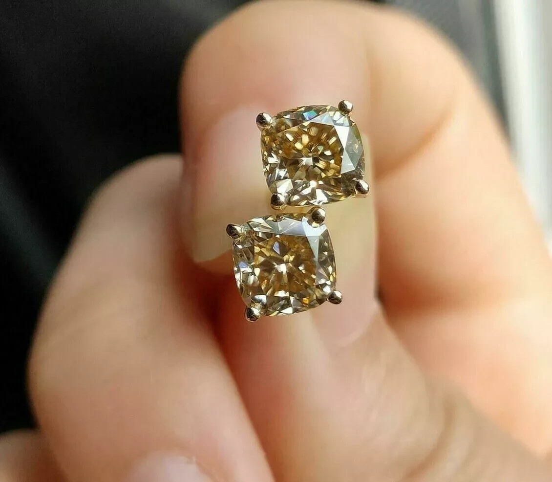 3CT Lab-Created Cushion Cut Chocolate Diamond Stud Earrings 14K Yellow Gold Over