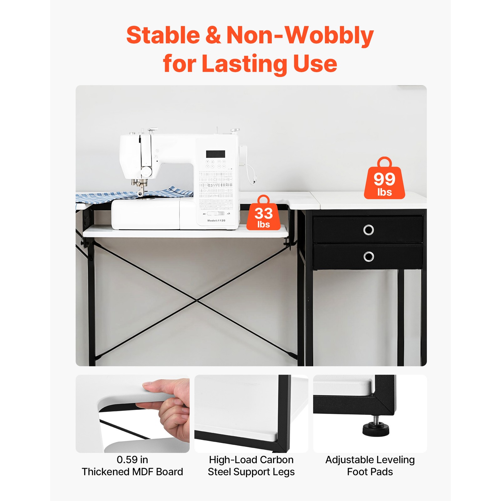 Uimoso Multipurpose Sewing Machine Table with Drawers and Foldable Shelf