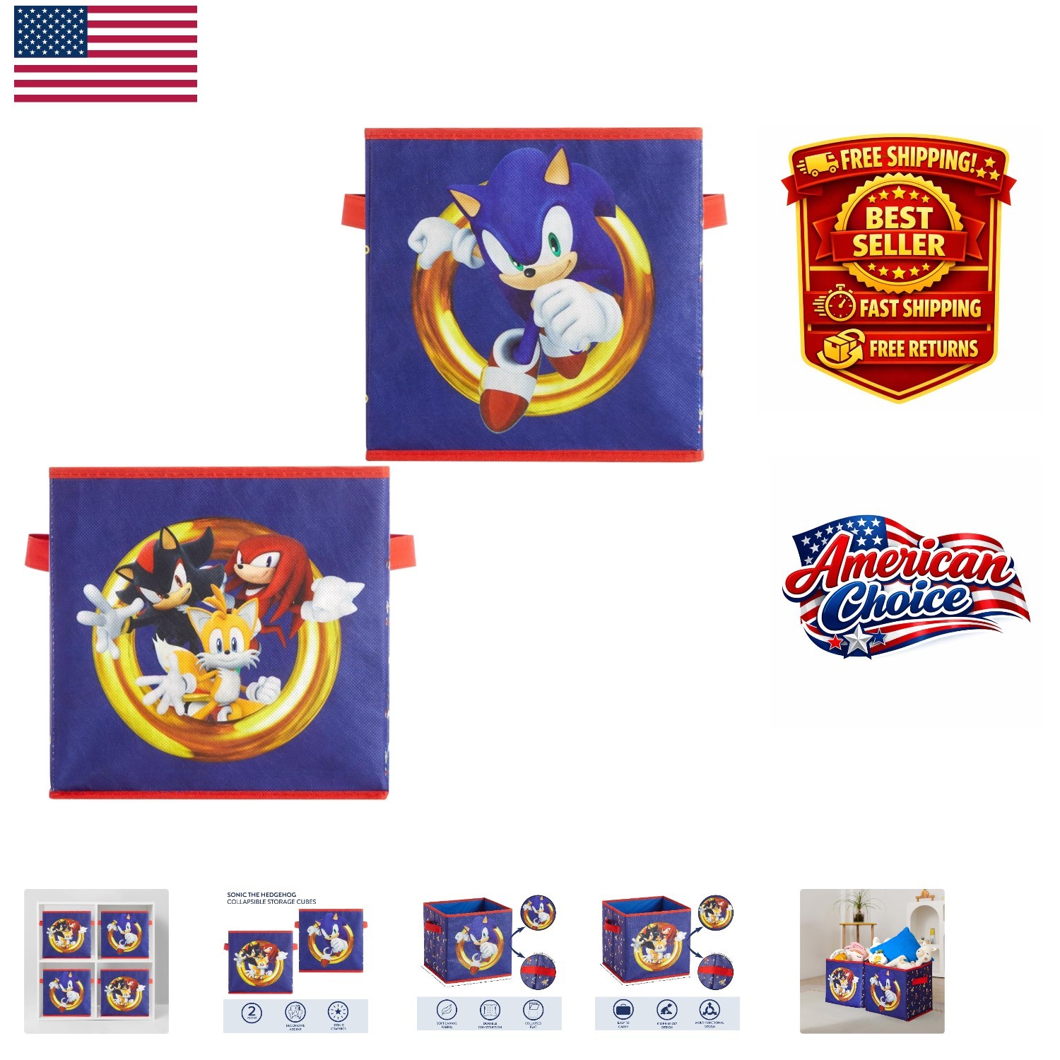 2-Piece Sonic the Hedgehog Collapsible Storage Cubes - Fun Kid-Friendly Design