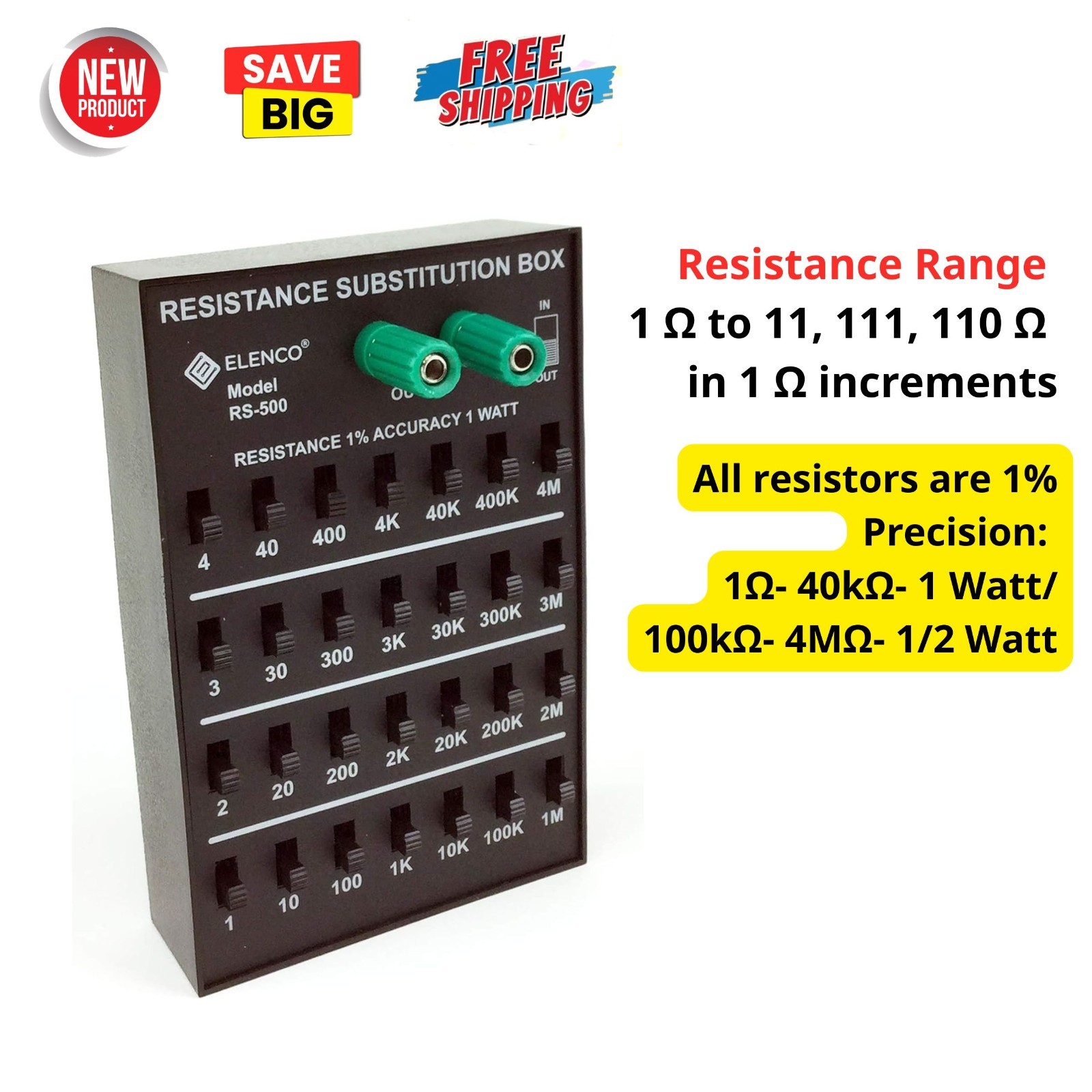Resistance Substitution Decade Box, Range 1Ω To 11, 111 , 110MΩ, 1% Precision