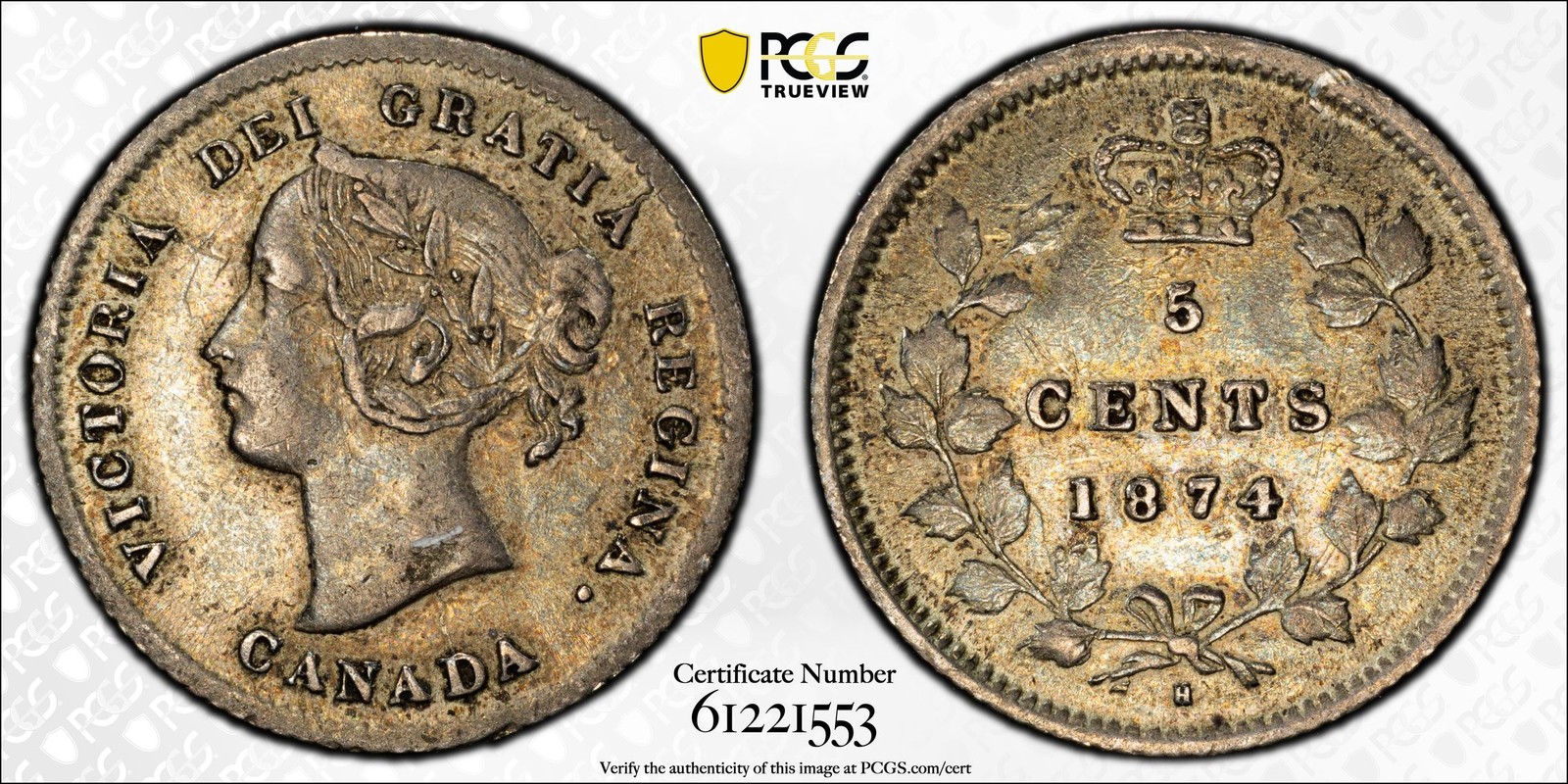 1874 H PCGS XF45 Small Date Plain 4- Canada 5c Coin #57887A