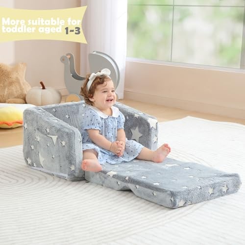 Kids Couch Fold Out, Foldable Toddler Couch with Blanket, Kids Glowing Star