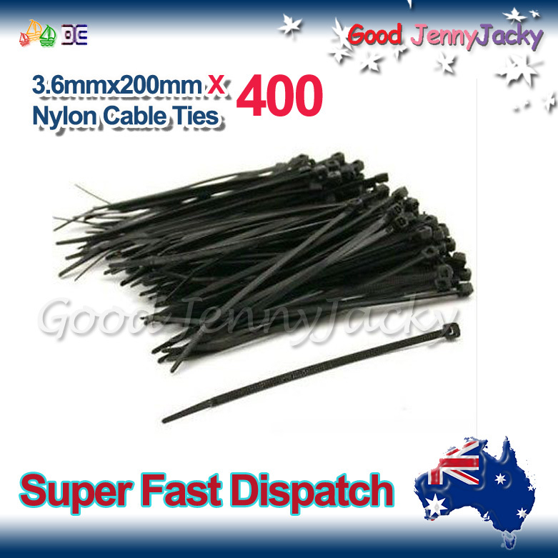 400 x Black Nylon Cable Ties 3.6mmX 200mm (4 x200mm) Free Postage