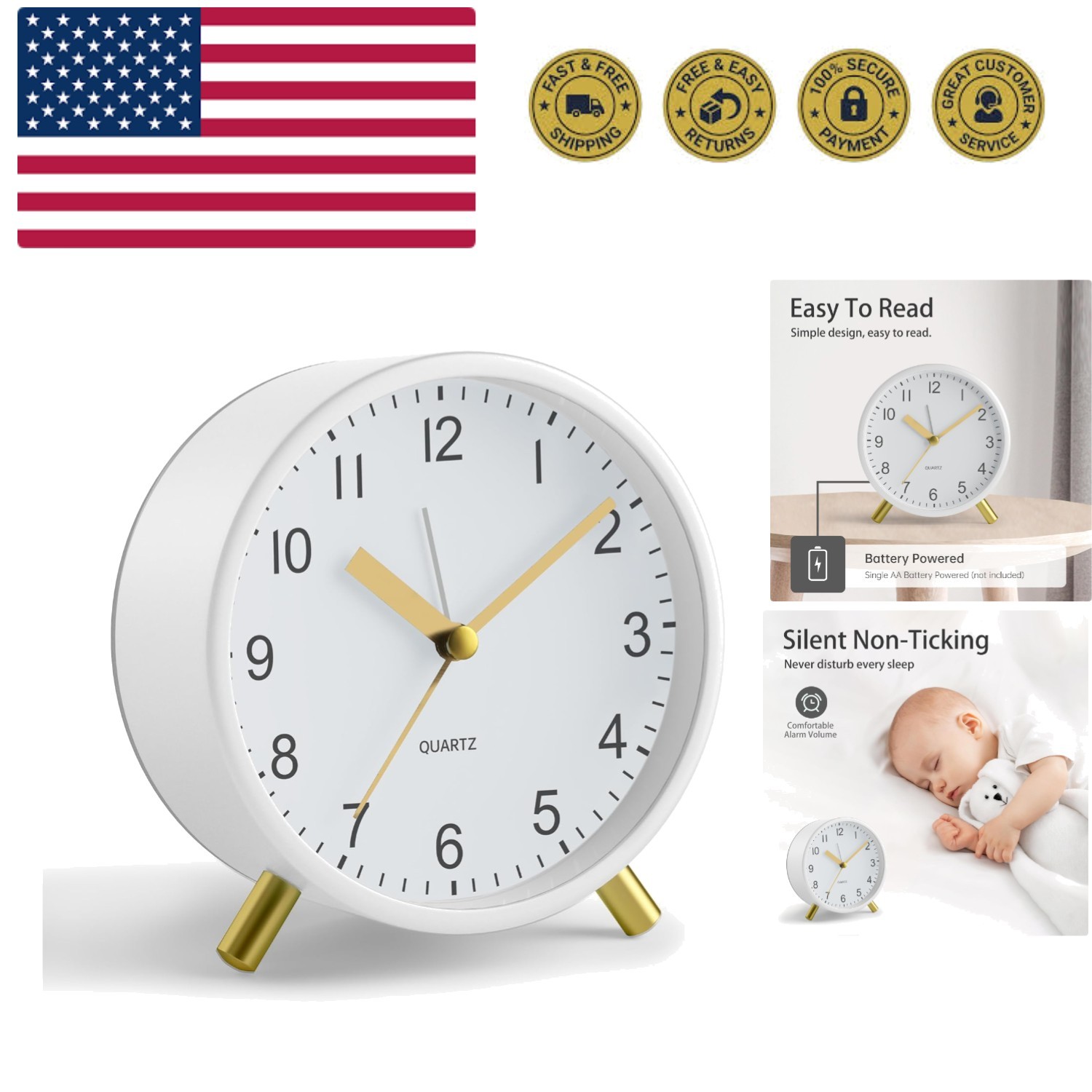 Analog Alarm Clock, 4 inch Super Silent Non Ticking Small Clock with Night Li...