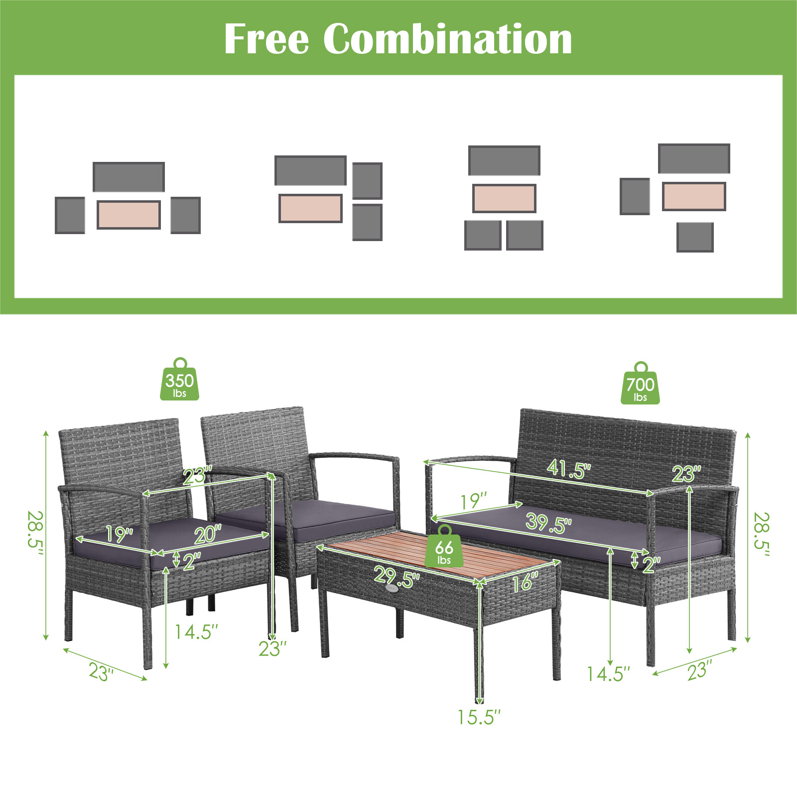 4PCS Patio Rattan Furniture Set Cushioned Chair Wooden Tabletop Outdoor Gray