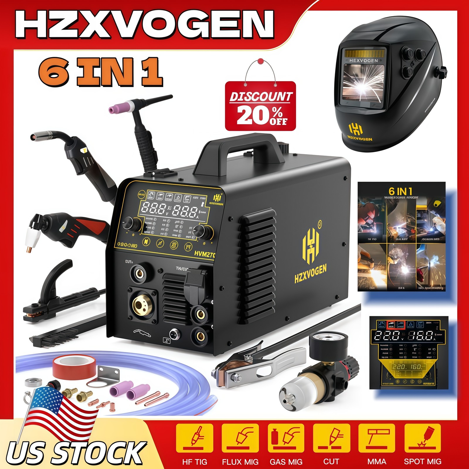 6in1 220V 250A ARC HF TIG Cut Gas/Flux Core Spot MIG Welder Plasma Cutter+Helmet