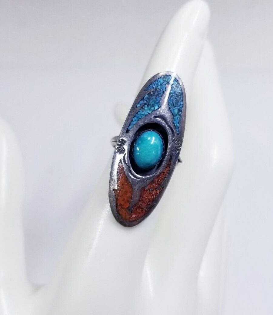 Turquoise & Coral Metal Ring Sz 7