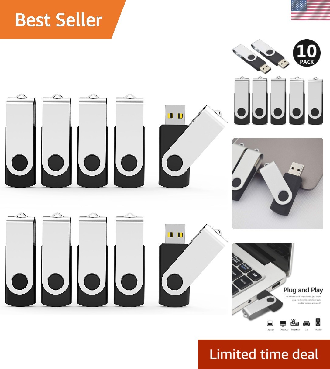 10 Pack Swivel 16GB USB Flash Drives with LED Indicator - Portable & Reliable