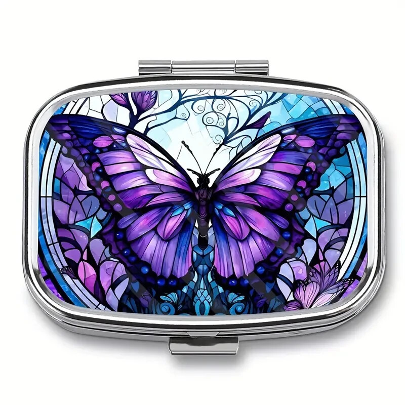 1pc Purple Butterfly Pill Box, 2 Compartment Medicine Pill Case 2 Compartment