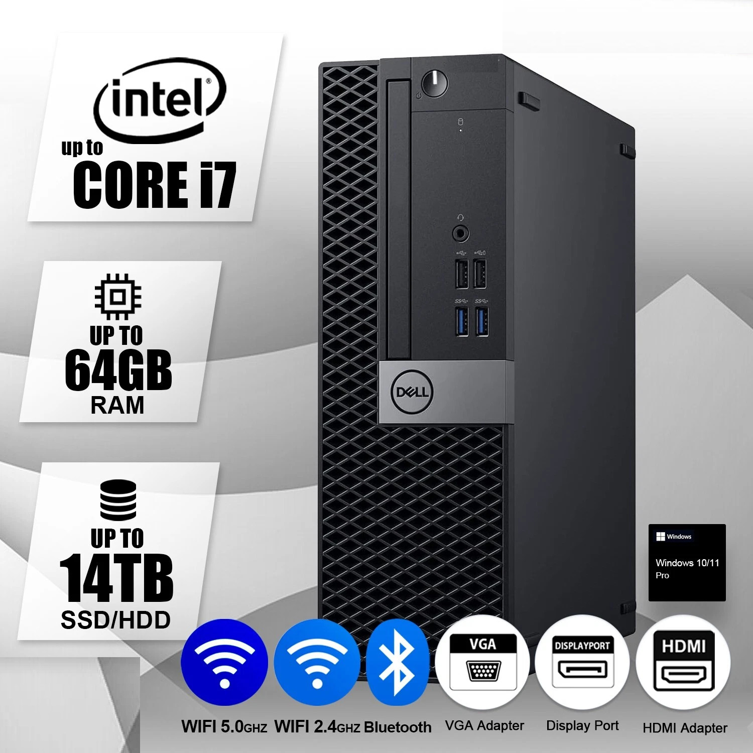 DELL Desktop Computer PC i7/i5,Up to 64GB RAM,14TB SSD/HDD,Windows 10/11, WiFi