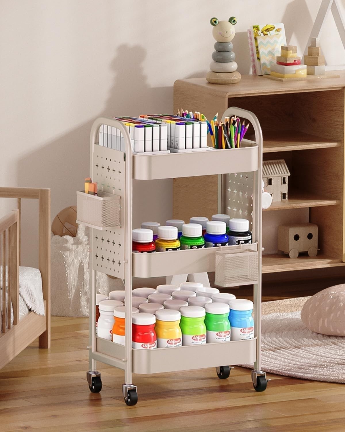 Multi-Purpose Rolling Cart with 3 Shelves, Pegboards, & Lockable Wheels in Khaki
