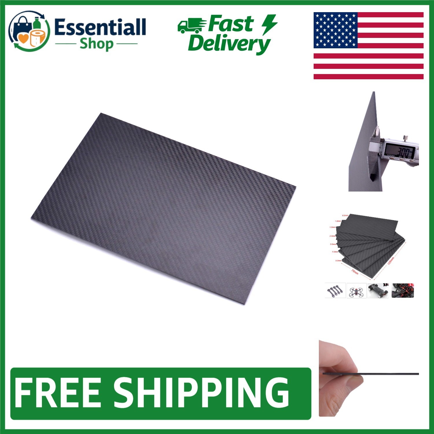 High-Performance Carbon Fiber Sheet 125mm x 75mm x 3mm for Drones and Models