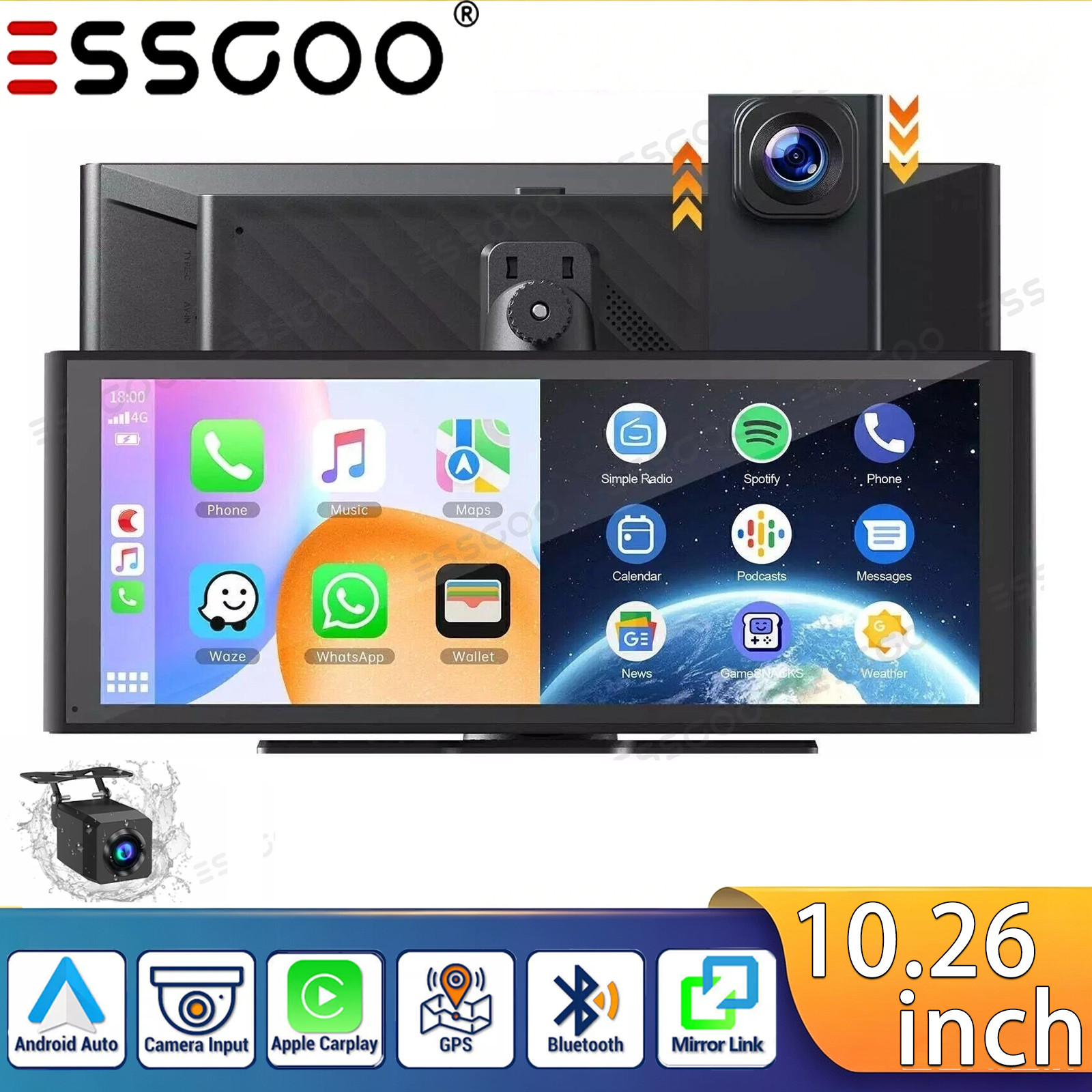 ESSGOO 10.26" 4K DashCam Car Stereo Wireless Carplay Android Auto Touch Screen