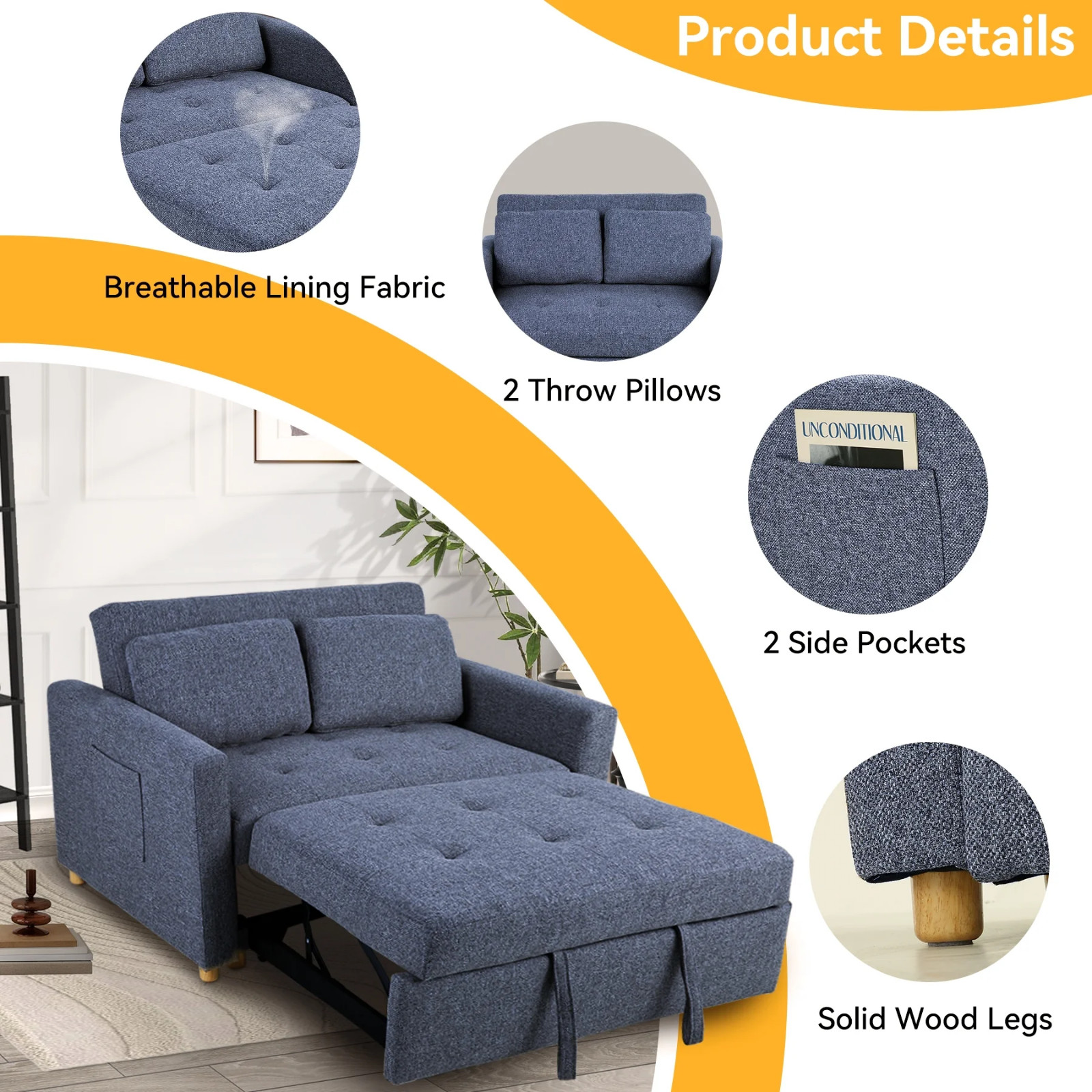 3-in-1 2-Seater Convertible Sofa Bed Linen Fabric Loveseat w/Adjustable Backrest