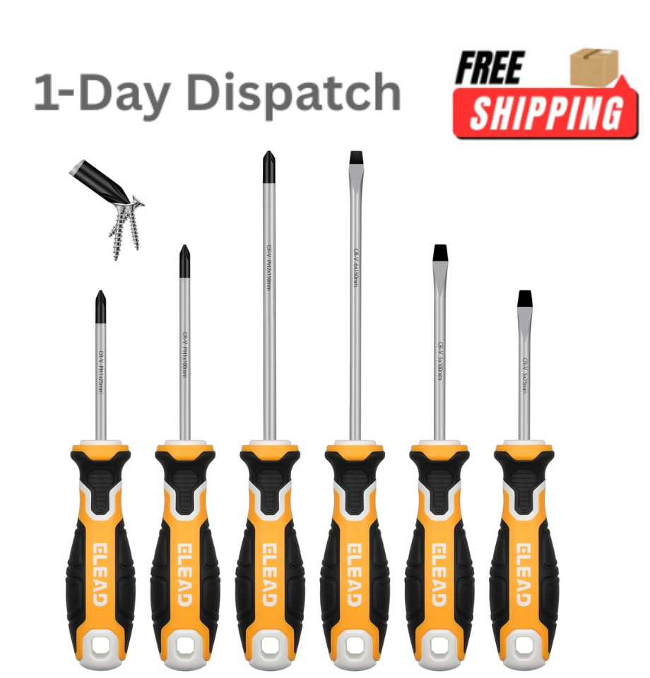 6PCS Magnetic Screwdriver Set Phillips Slotted Cushion Grip Hand Tools Kit