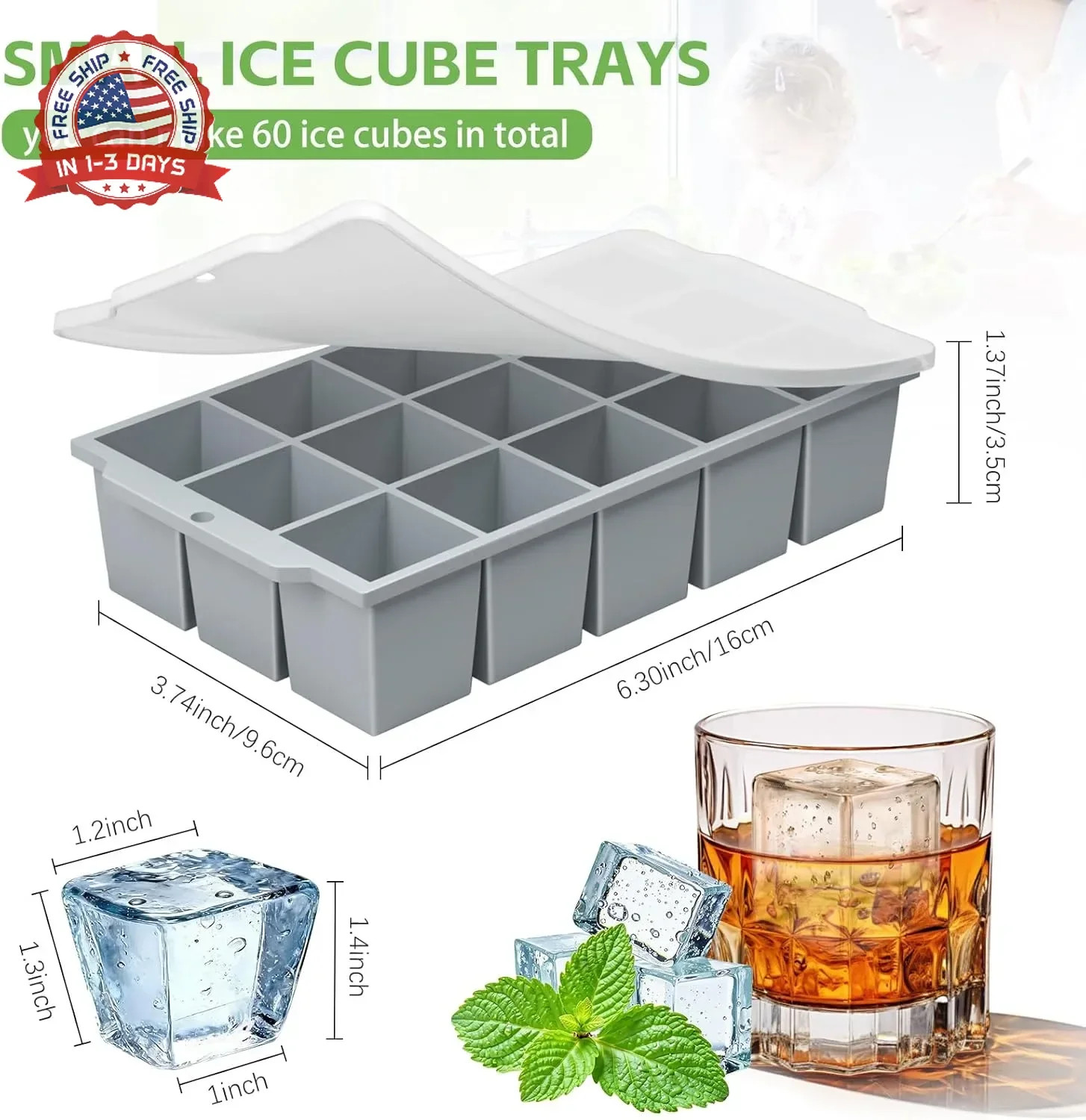 Silicone Ice Cube Tray with Locks Lids 4 Pack, Easy Release Flexible 15 Square I