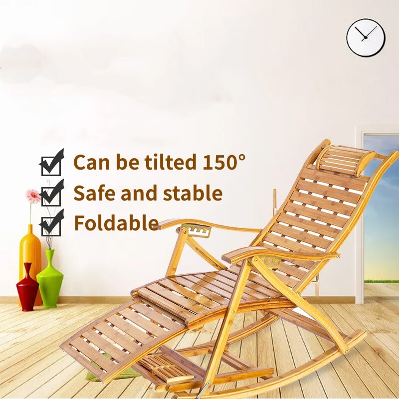 Adjustable Rocking Chair w/Cushion Folding Bamboo Recliner Backyard Porch Sofa