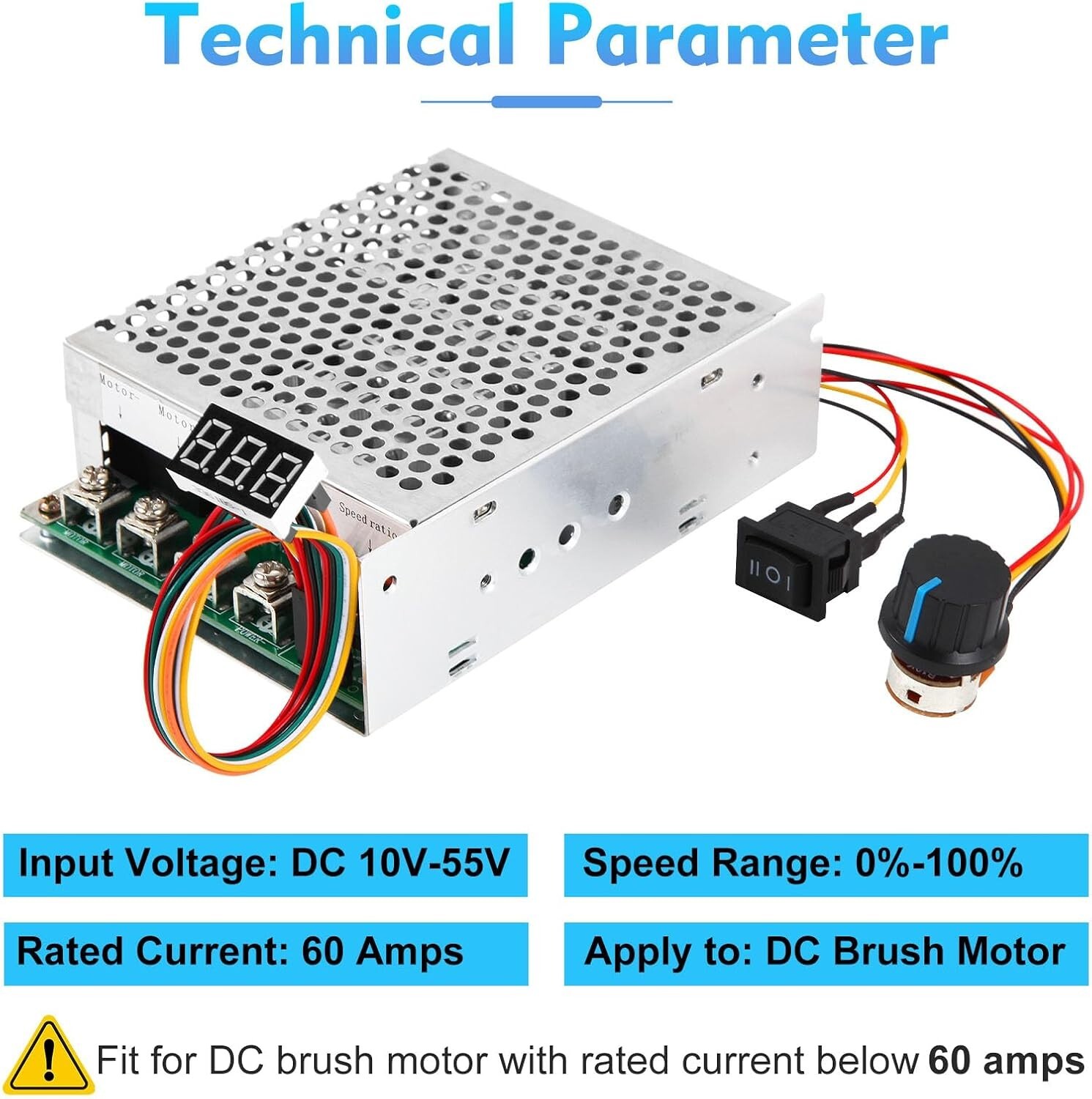 PWM DC Motor Speed Controller 10V-55V 60A, LED Display, Forward-Reverse Switch