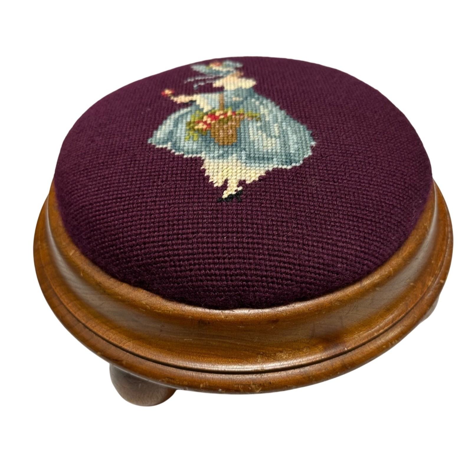 Antique Vintage Victorian Lady Needlepoint Round Footstool Ottoman Short