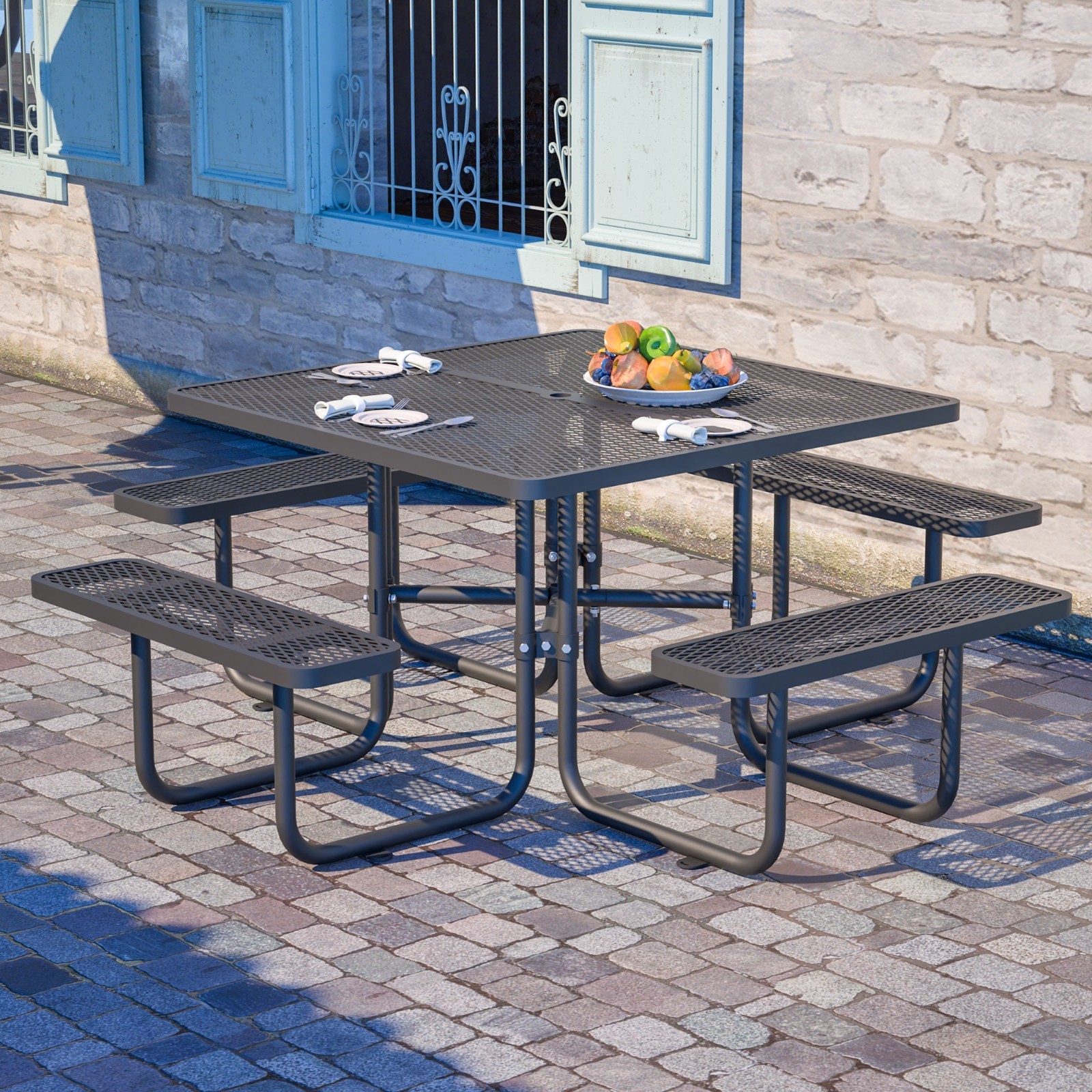 46'' Square Outdoor Commercial Steel Metal Picnic Table Set Heavy Duty Sturdy