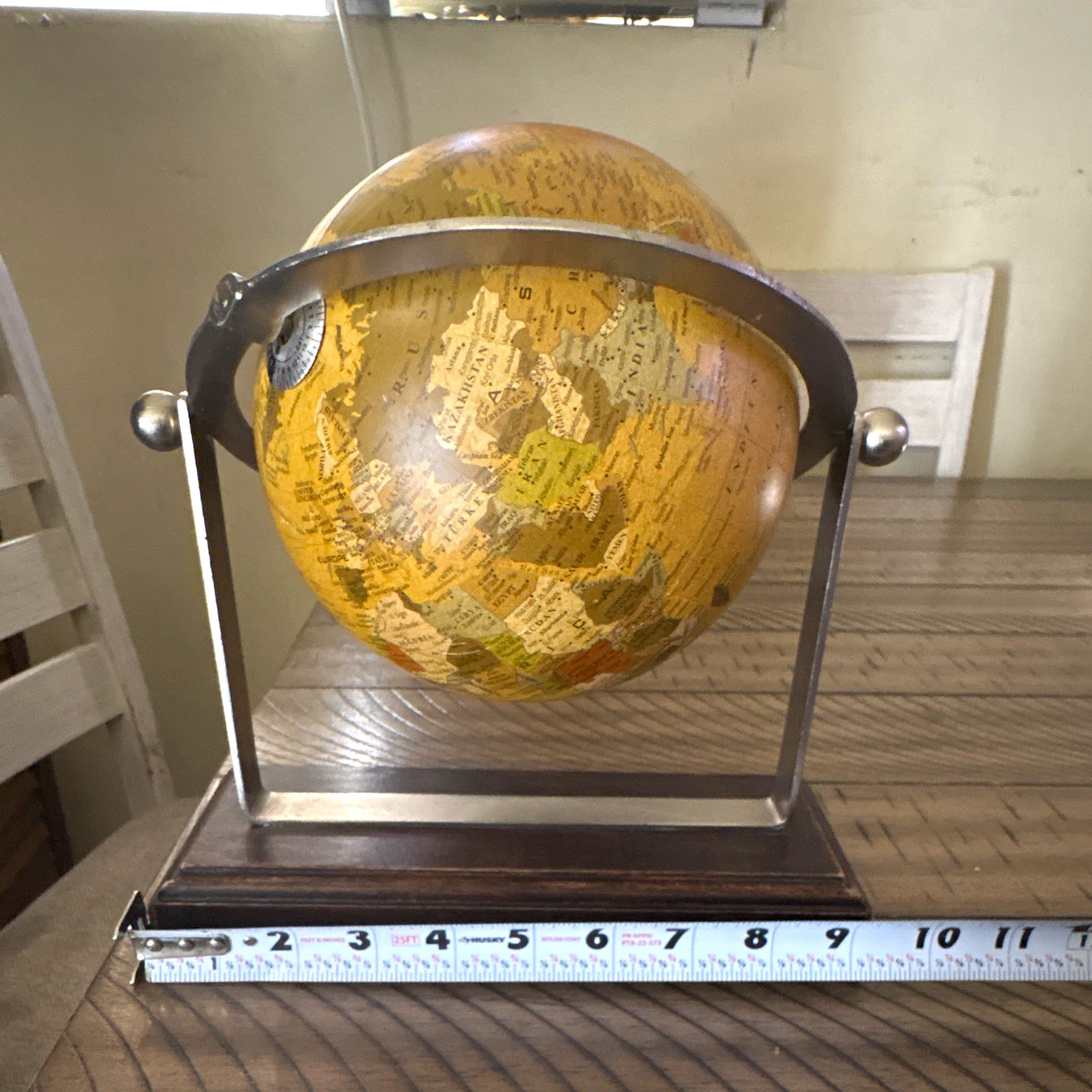 Decorative Rotating Tabletop Globe, Wood Base & Metal Semi-Meridian 11x10"
