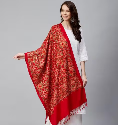 Paisley Red Pashmina Wool Shawl Hand-Cut Kani Quality White Jamavar Stole India