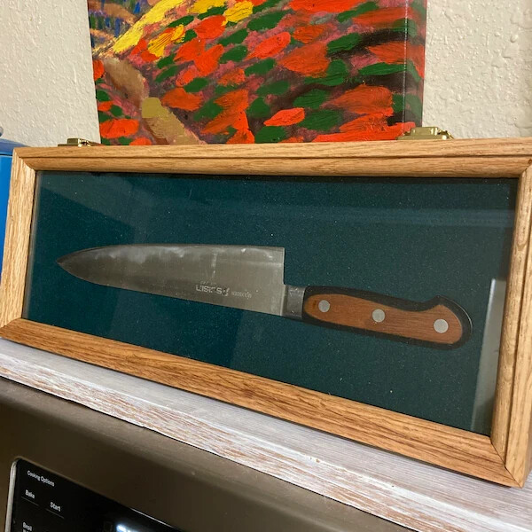 Knife Display Case Dagger Blade Stiletto 18" x 7 Oak & Green Wood USA Shadow Box