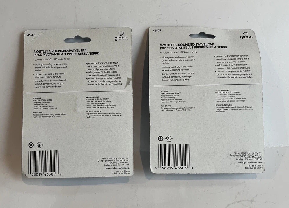 3 Outlet Lateral Swivel Grounded Wall Adapter Tap Globe Lot of 2 NIB New