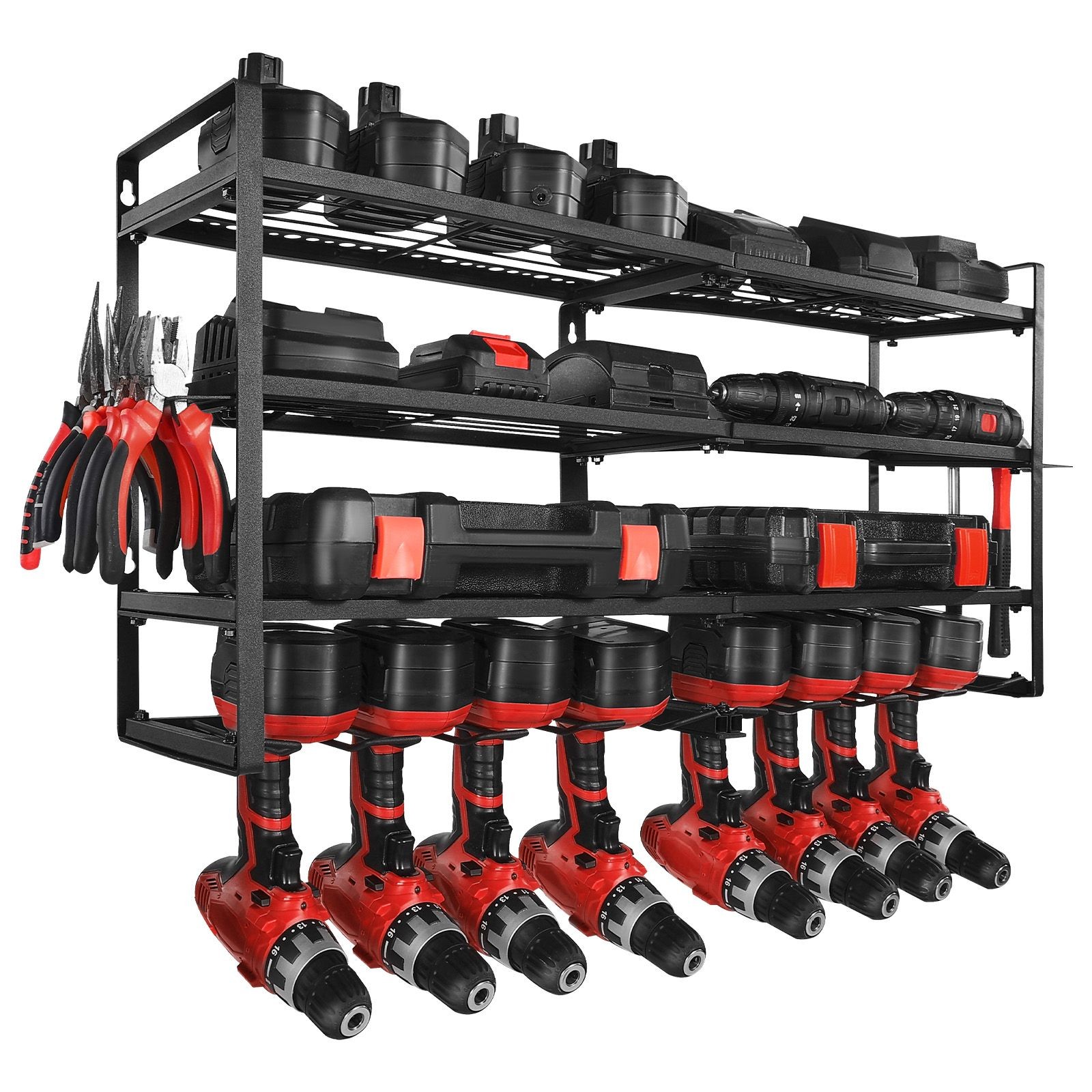 Power Tool Organizer Wall Mount, 4-Layer Storage Rack with 8 Drill Holders