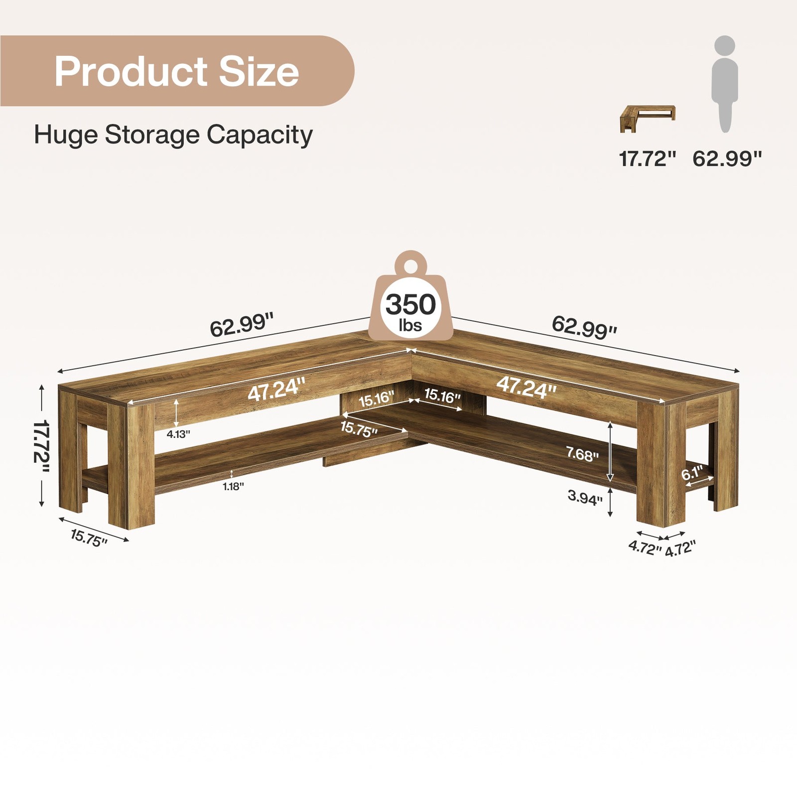 L-Shaped Dining Nook Bench with Storage Shelf, Wooden Space-Saving Corner Bench