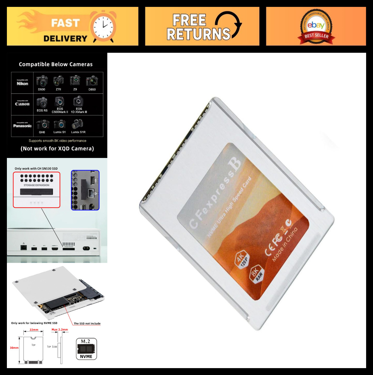 CFexpress to NVMe 2230 Adapter Kit, Alloy Case for 8K RAW Camera, PCIe Expansion