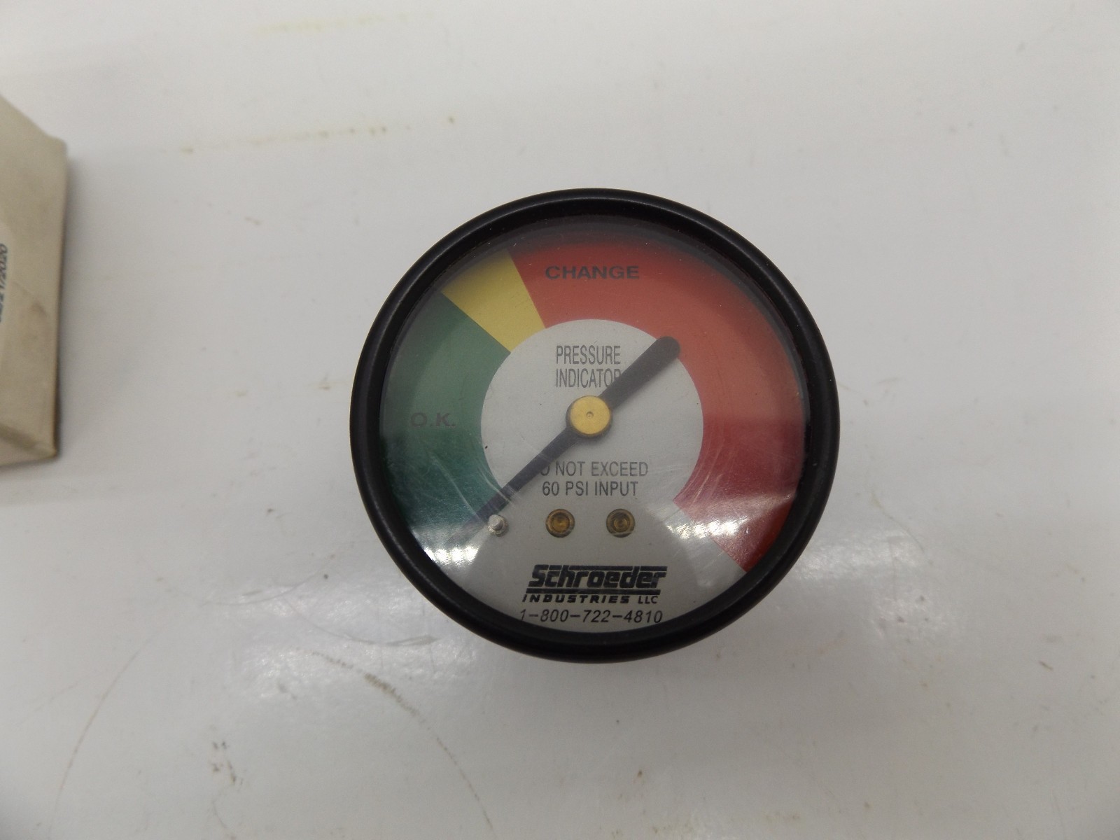 SCHROEDER PRESSURE INDICATOR 60PSI LFT-134-2 1/8" NPT BACKMOUNT