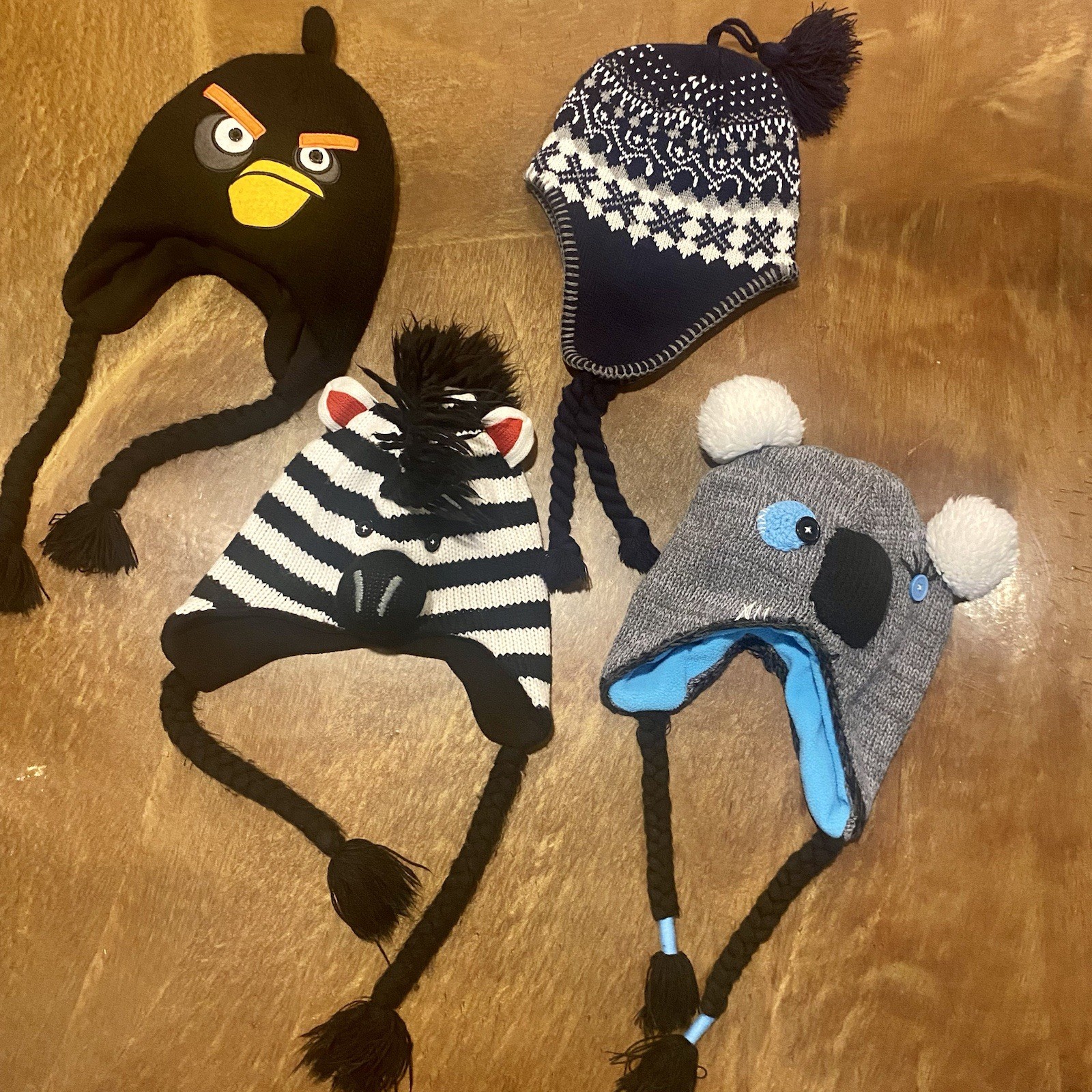 Kids Beanie Winter Animal Hats Toboggan (Lot of 4) Zebra, Angry Bird, Koala