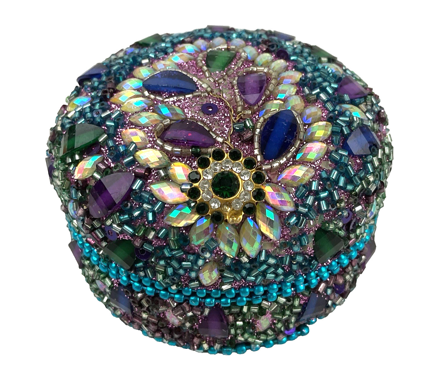 Trinket Box Round Multicolor Rhinestones Beads Glitter 3" x 2" Tin w Black Felt