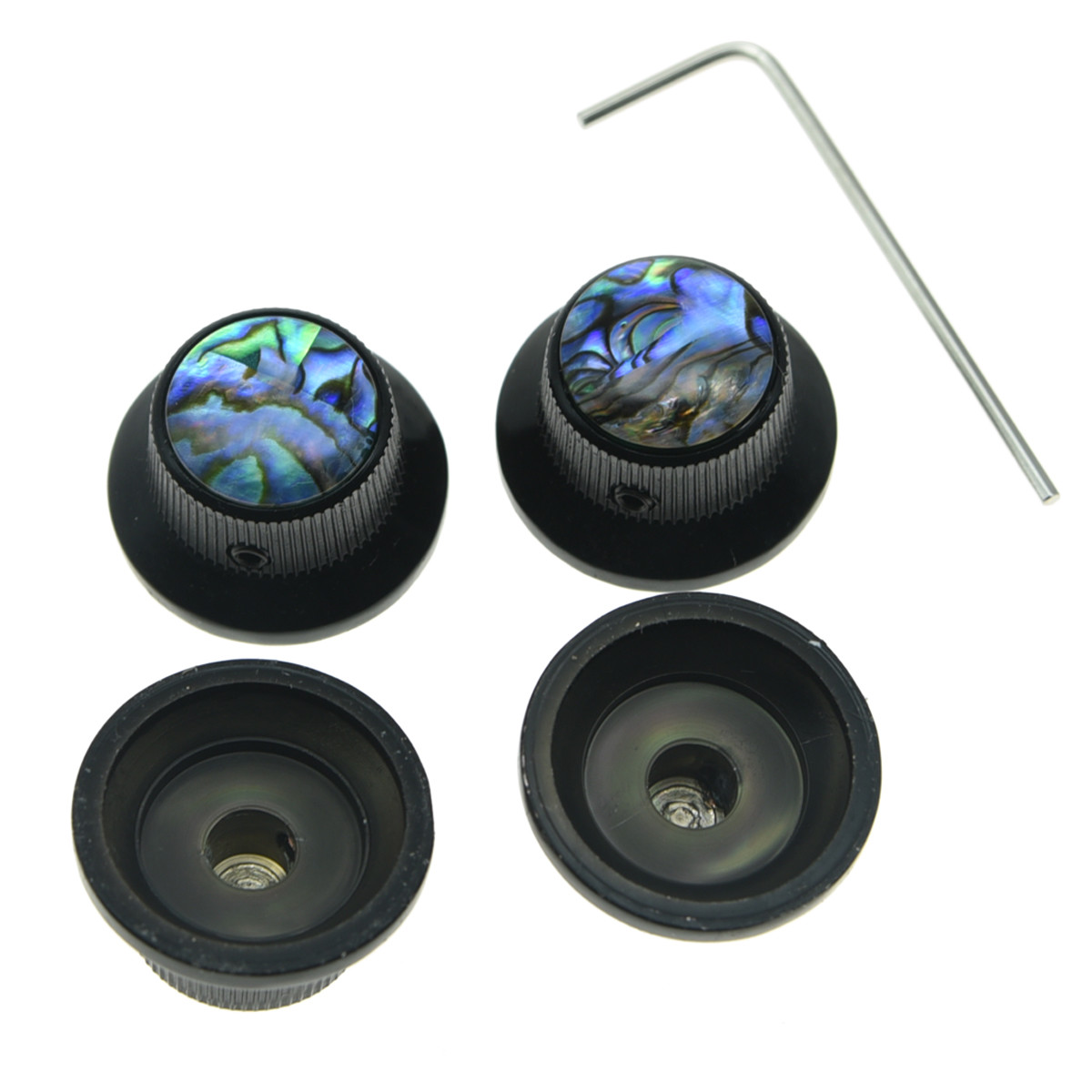4-Pack Black Abalone Top Guitar Metal Top Hat Bell Knobs for 6mm Pots Set Screw