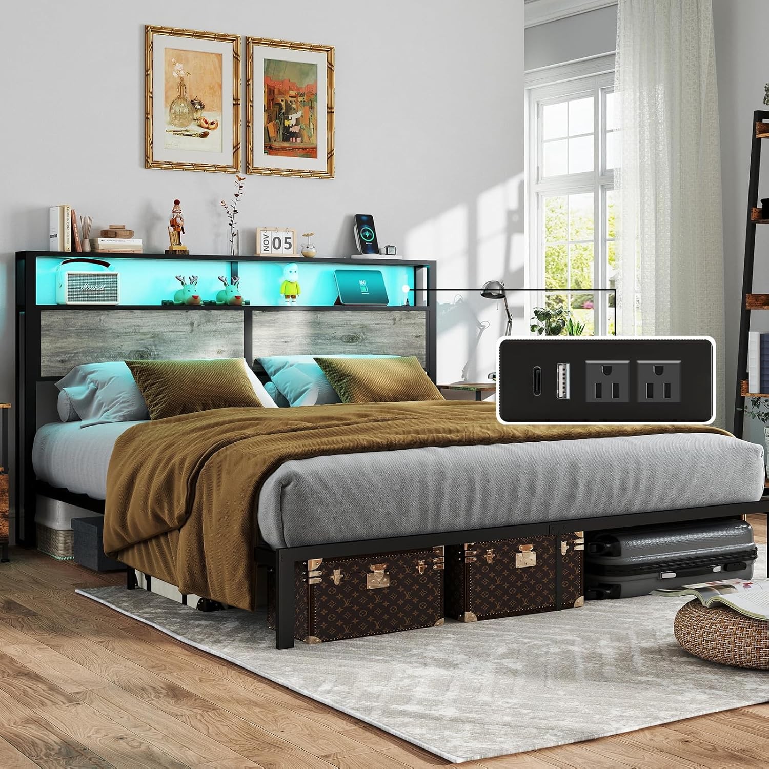 Bed Frame King Size Metal Platform with Storage Headboard and Charging Station