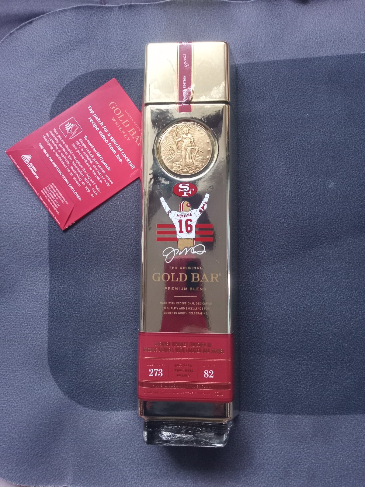 Joe Montana 49ers Gold Bar Whiskey Limited Edition Empty Bottle with Patch