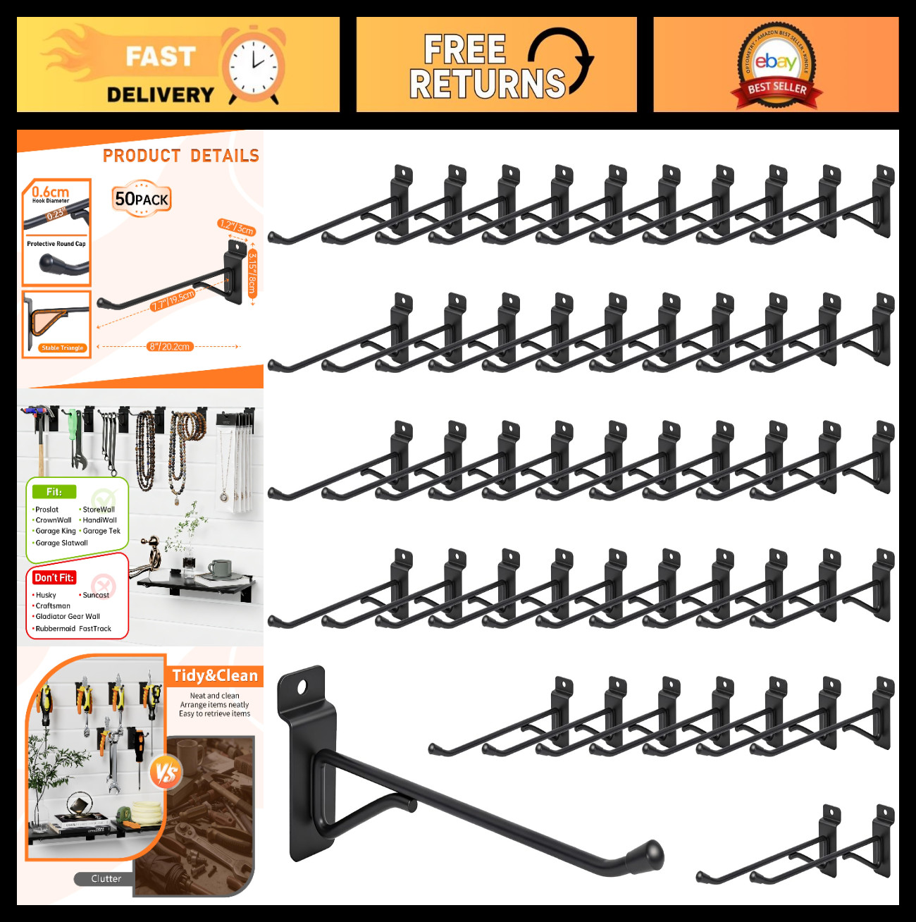 50 Pack Heavy Duty 8" Slatwall Hooks - Durable Display Hangers for Garage, Retai