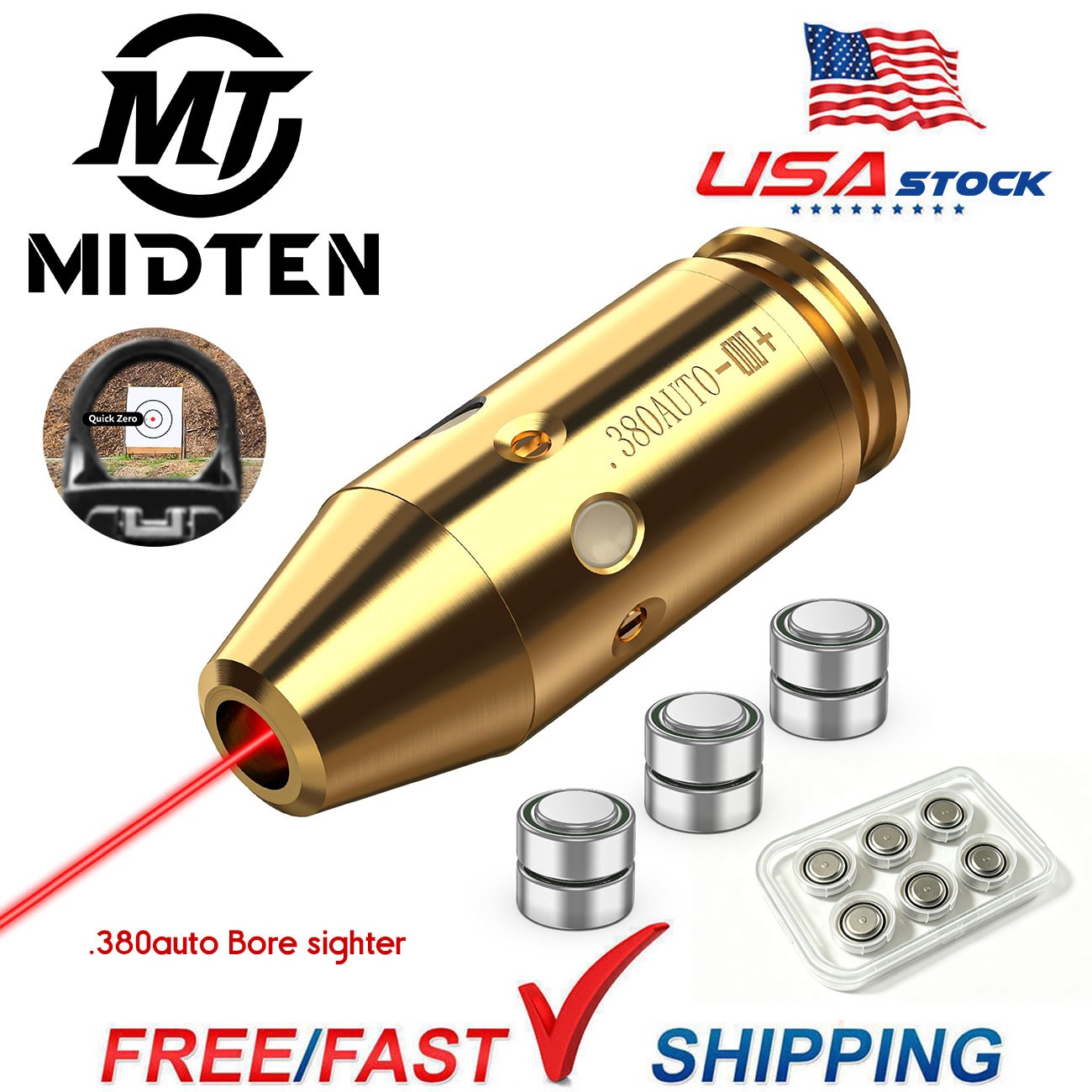 .380Auto Cartridge Bore Sight Sighter Red Laser Boresighter Kit - Handgun Pistol