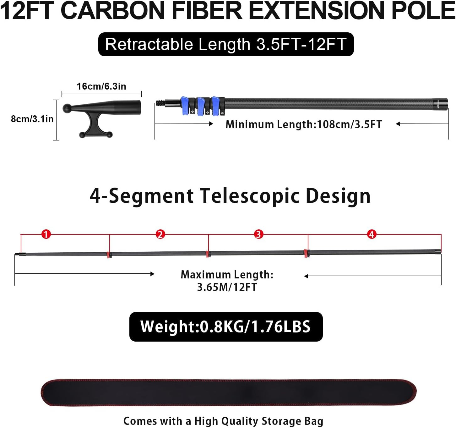 Carbon Fiber Telescoping Boat Hook, Boat Hooks for Docking with Telescoping Exte