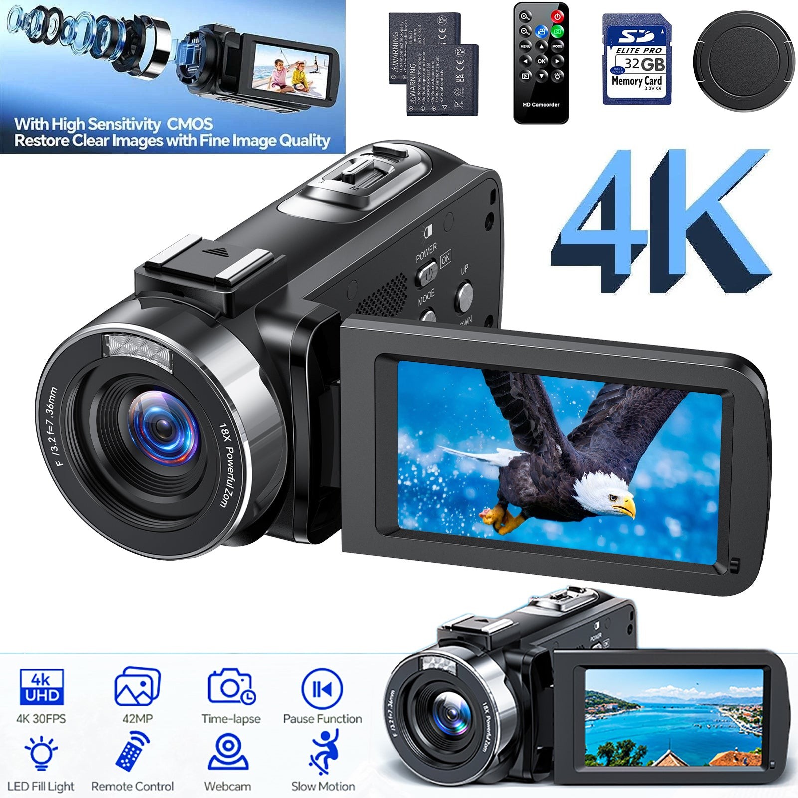 4K Video Camera Camcorder 42MP 270° Screen Digital Vlogging Camera for Youtube