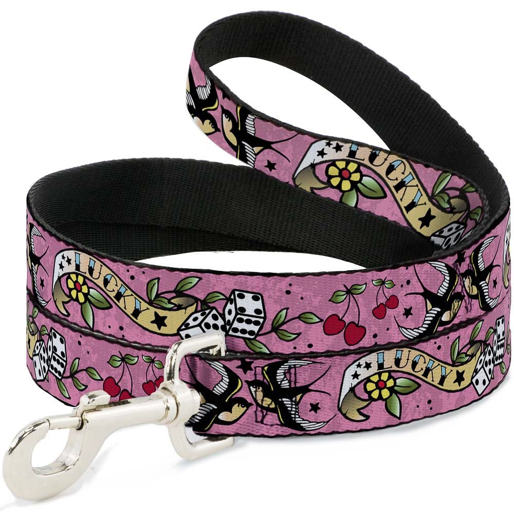 Lucky Pink Pet Leash 6 Feet Long 1" Wide Dice Cards Cherries Print