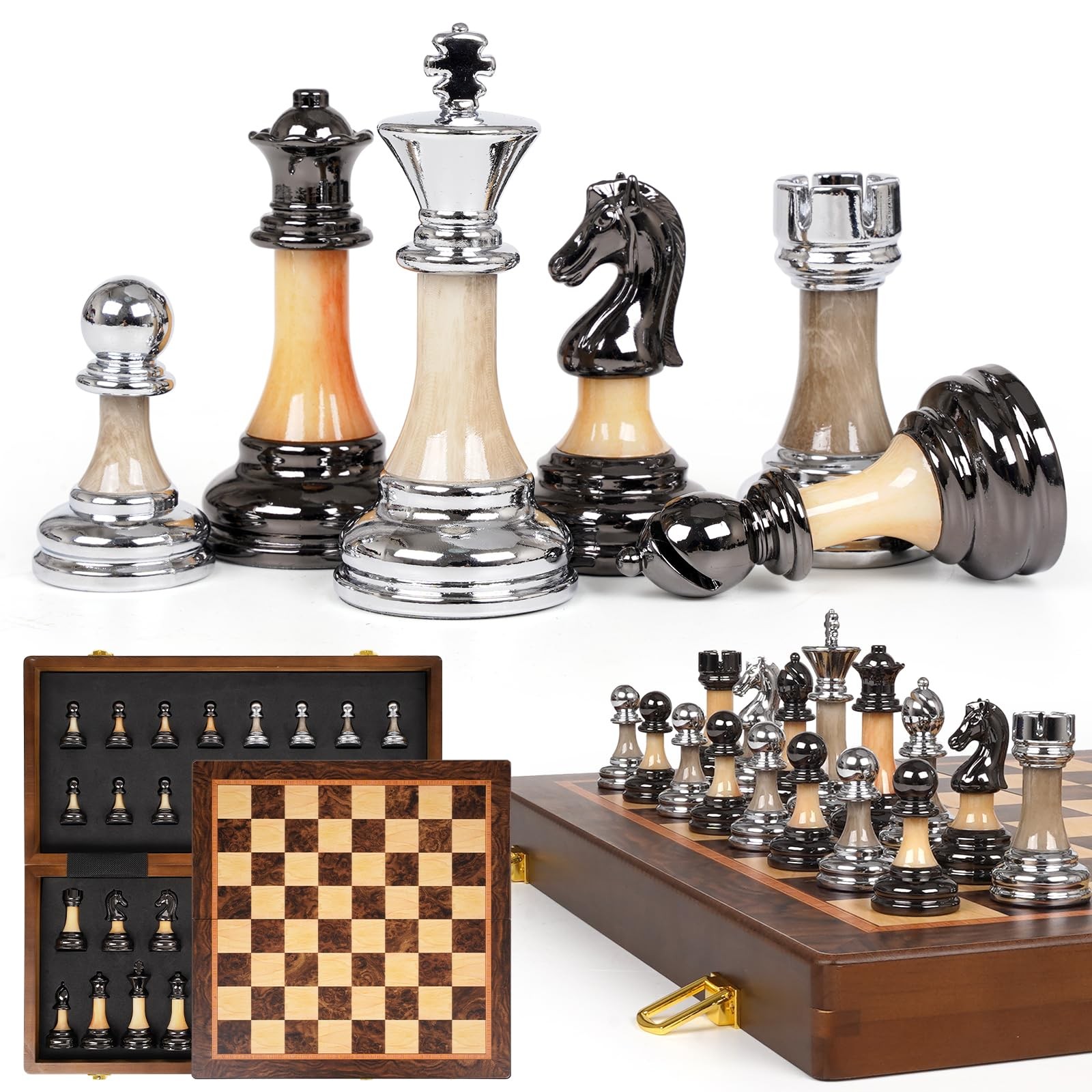 Luxury Large Chess Set 17 Inch Wooden Chess Board with Metal and Acrylic Ches...